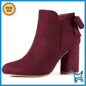 Round Toe Bow Decor Chunky Heel Ankle Boots, Faux Suede, 3.5 Inch Heel